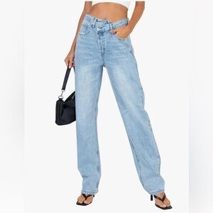 Low Waisted Jeans Trendy Straight Leg Boyfriend Asymmetrical Denim Pants💙SZ 8